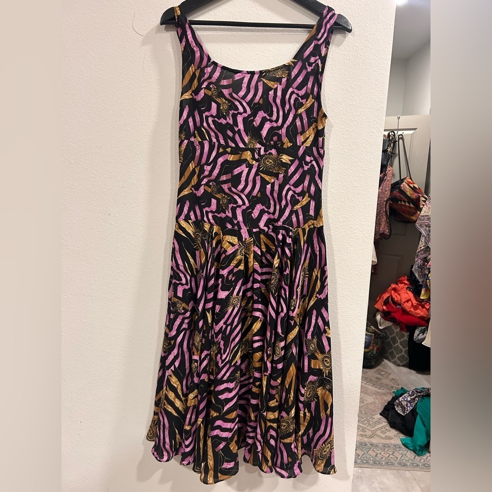DVF Diane Von Furstenberg Black Print Silk Sleeveless Midi Dress Vintage Size 6 - Picture 4 of 6